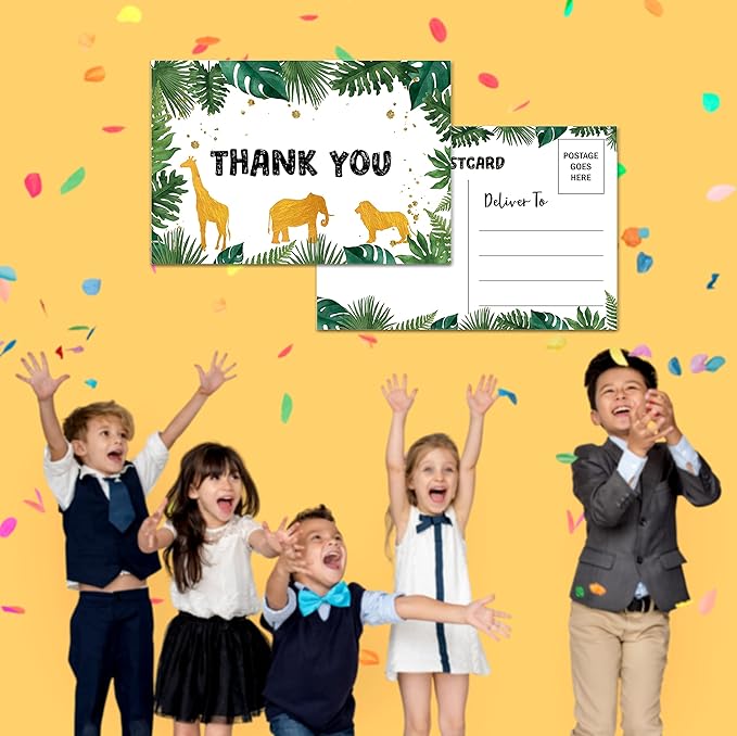 Birthday Thank You Postcards, Greenery Jungle Animals Thank You Cards for Kids Girls Boys Birthday Party, Baby Shower Party, Set of 20 (A01)