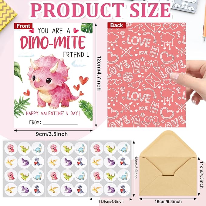 36 Pack Valentines Day Cards for Kids Classroom Dinosaur Valentine's Day Exchange Greeting Cards with Envelopes and Stickers for Kids Classroom School Party Favors 4.72 x 3.54 inch
