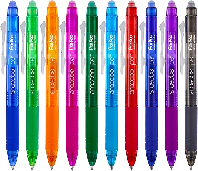 ParKoo Retractable Erasable Gel Pens Clicker, Fine Point 0.7mm, Assorted Color Inks for Drawing Writing, 10-Pack