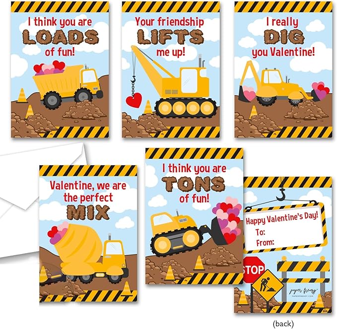 Paper Frenzy Construction Themed Valentine Cards WITH ENVELOPES - 25 Pack