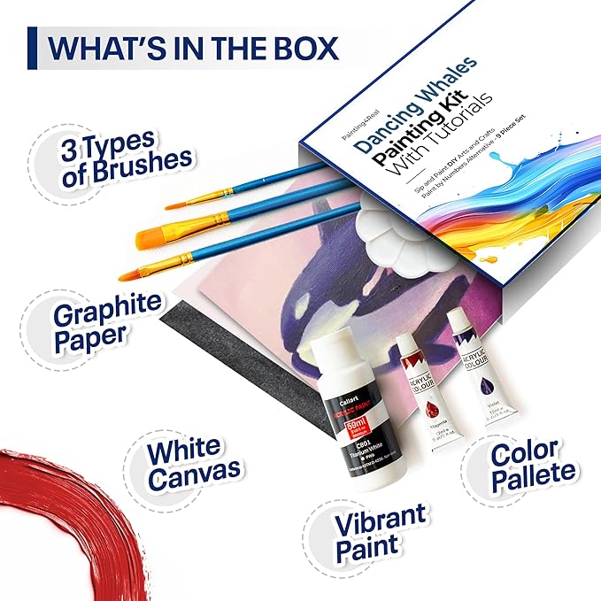 Painting4Real DIY Painting Class Kit for Adults with Video Tutorials: Learn to Paint Dancing Whales – How to Paint with Acrylics – Painting & Art Supplies – 9 Piece Acrylic Paint Set