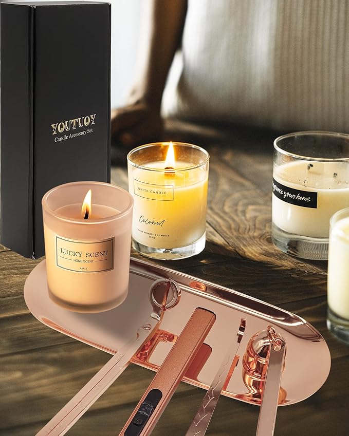 5 in1 Candle Accessory Set with Rechargeable Candle Lighter, Candle Wick Trimmer, Candle Wick Snuffer, Candle Wick Dipper, Storage Tray Plate, Candle Care Kit (Rose Gold)