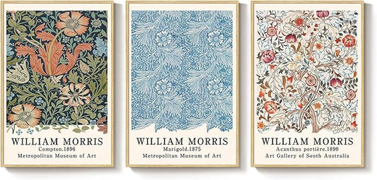 Framed William Morris Wall Art Set of 3, Large Vintage Floral Botanical Canvas Prints, Colorful Artwork for Living Room Bedroom Hallway Office Wall Decor, 16x24 Inch