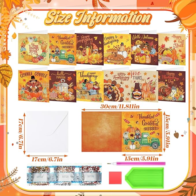 Saillong 12 Pack Thanksgiving Diamond Painting Greeting Card Kits DIY Fall Diamond Art Cards with Envelopes Pumpkin Turkey 5D Rhinestones Paint Card for Adults DIY Crafts Family Friend Birthday Gifts