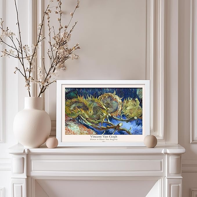 Monem Art Vintage Van Gogh Poster - Retro Blumen in Blauer Vase Anagoria Print - Sunflower Art - Impressionism Art - Fine Art - Classic Painting Art - Bedroom Wall Decor - 8x10 White Framed