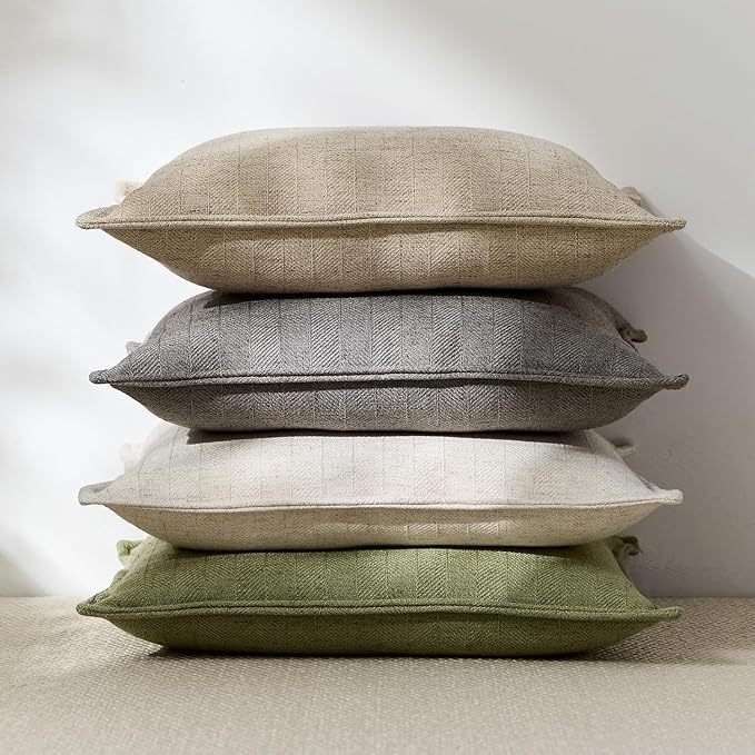 22x22 Linen Pillow Covers Natural Beige Pack of 2 Farmhouse Boho Neutral Accents Striped Textured Square Decorative Throw Pillow Cases for Living Room Couch Bed Home Decor