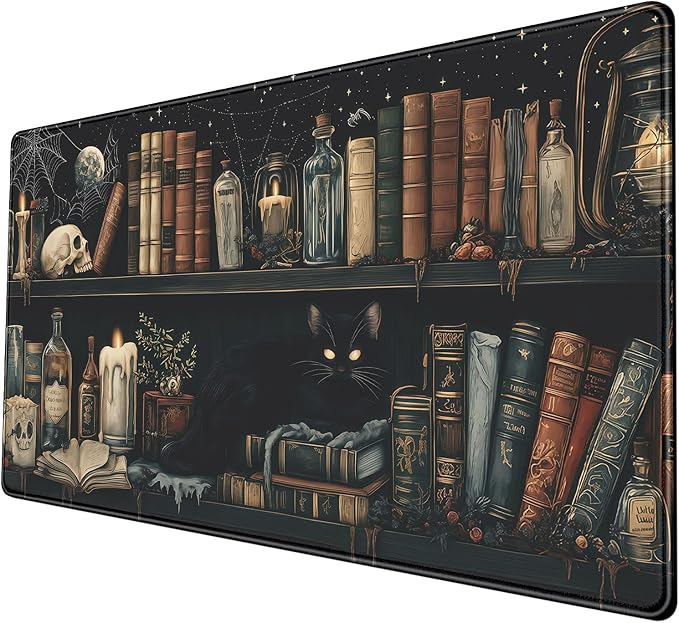 Mystic Grimoire Desk Mat - Black Cat on Bookshelf Large Mouse Pad- Gothic Library with Skull Bottles Extended Desk Pad- Dark Academia Starry Night XL Mouse Pad for Gaming Study Work 31.5 * 15.7in
