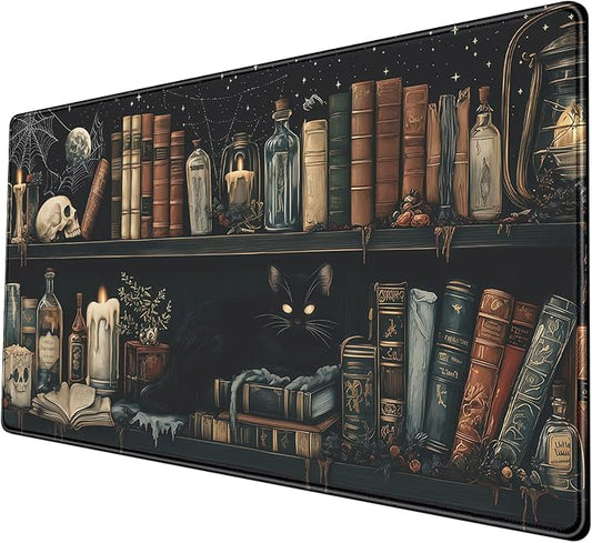 Mystic Grimoire Desk Mat - Black Cat on Bookshelf Large Mouse Pad- Gothic Library with Skull Bottles Extended Desk Pad- Dark Academia Starry Night XL Mouse Pad for Gaming Study Work 31.5 * 15.7in