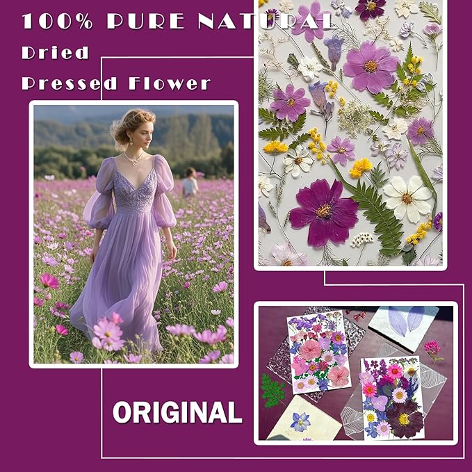 54Pcs Purple Pressed Dried Flowers for Resin, Real Natural Bulk Assorted Dry Floral Leaves for DIY Art Crafts, Epoxy Molds, Jewelry, Soap, Candle Making, Nails Decors