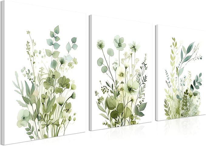 Boho Floral Canvas Wall Art Set of 3, Sage Green Wildflower Botanical Wall Decor Painting, Minimalist Watercolor Flowers Posters Prints for Bedroom Bathroom Living Room 16x24 In Framed
