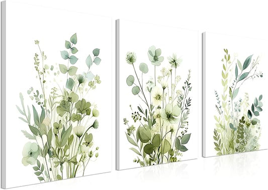 Boho Floral Canvas Wall Art Set of 3, Sage Green Wildflower Botanical Wall Decor Painting, Minimalist Watercolor Flowers Posters Prints for Bedroom Bathroom Living Room 16x24 In Framed