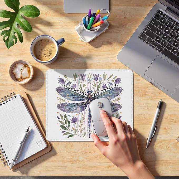 Floral Dragonfly Mouse Pad, Inspirational Together We Find Joy and Beauty Mouse Pads Mousepad for Desk Home Office Dorm Computers Laptop, Aesthetic Office Supplies Desk Accessories, 9.5x7.9 Inch