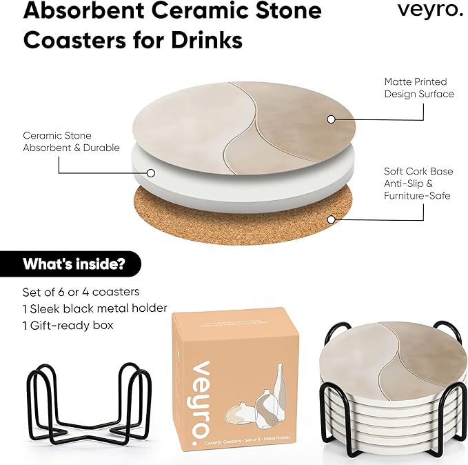 VEYRO Ceramic Coasters Set of 4 – Absorbent Stone Drink Coasters with Holder, Non-Slip Cork Backing, Modern Marble Look Coasters for Coffee Table, Desk & Home Decor