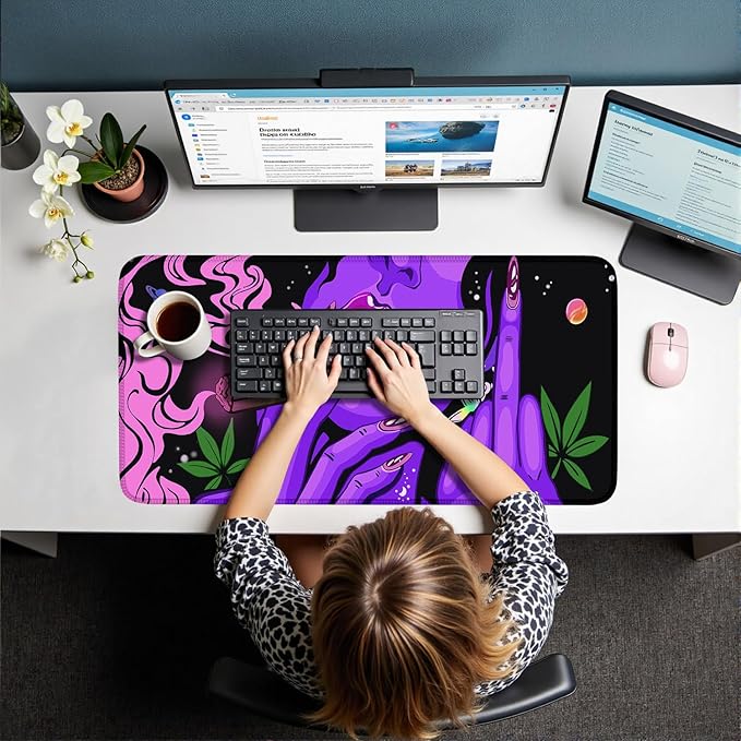 Anime Neon Mouse Pad Cool Girl-31.5x15.7in-Funny Hippie Hippy Desk Mat Trippy Purple Pink Black Art -Gaming Desktop-Desk Protector-for Women Home Office Working