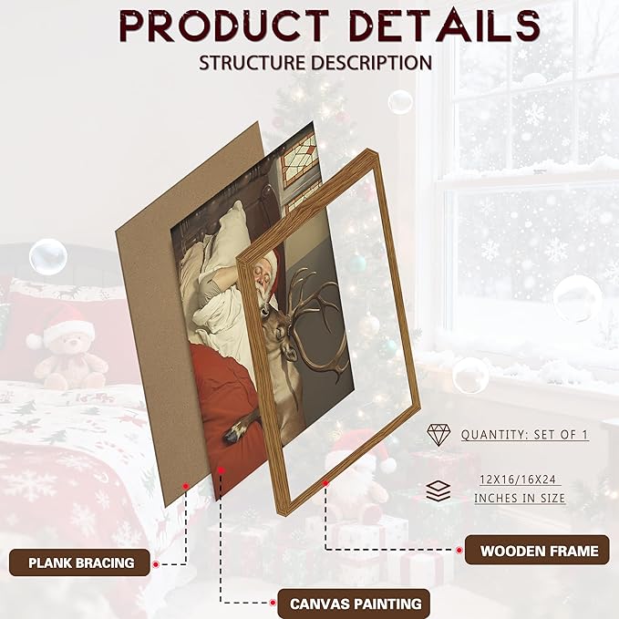 Framed Christmas Wall Art, Vintage Santa Claus and Reindeer Canvas Prints Winter Holiday Home Decor Christmas Wall Decor for Bedroom Living Room – 16x24in