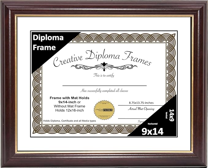 Creative Picture Frames 9x14 Mahogany Gold Rim Diploma Frame with White Mat Glass Easel and Installed Wall Hangers | Frame Holds 12x16 Media without Mat