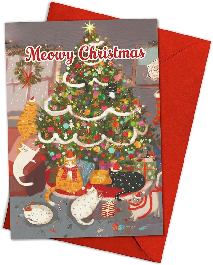 (5.3x8in) Meowy Christmas Card with Envelope, Cute Funny Cat Holiday Greeting with Festive Tree and Kittens, Adorable Christmas Card for Cat Lovers, Friends, Family, and Pet Owners (Xmas 27)