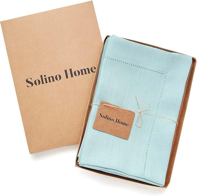 Solino Home Aqua Blue Linen Napkins Set of 4-100% Pure Linen Hemstitch Dinner Napkins 20 x 20 Inch for Winter, Spring, Easter - Classic Hemstitch