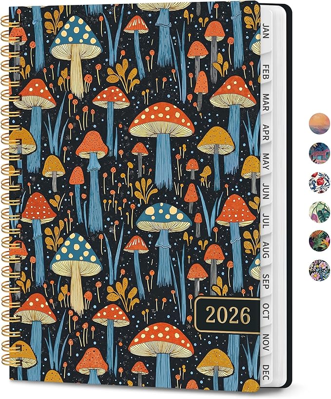 2026 Planner, Weekly and Monthly Calendar Planner for Women, Jan 2026 - Dec 2026, Hardcover Planning Agenda book with Tabs, Spiral Bound, Inner Pocket, Perfect for School Office Supplies, 6.3" x 8.5" - Mystic Mushrooms