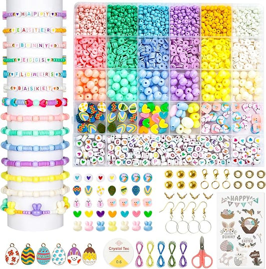 Goldwise 2046 Pcs Easter Beads Bracelet Making Kit with Heart Beads, Colorful Letter Beads, Charms, Candy & Bunny Beads, Stickers and Accessories, DIY Jewelry Craft Kit for Adults