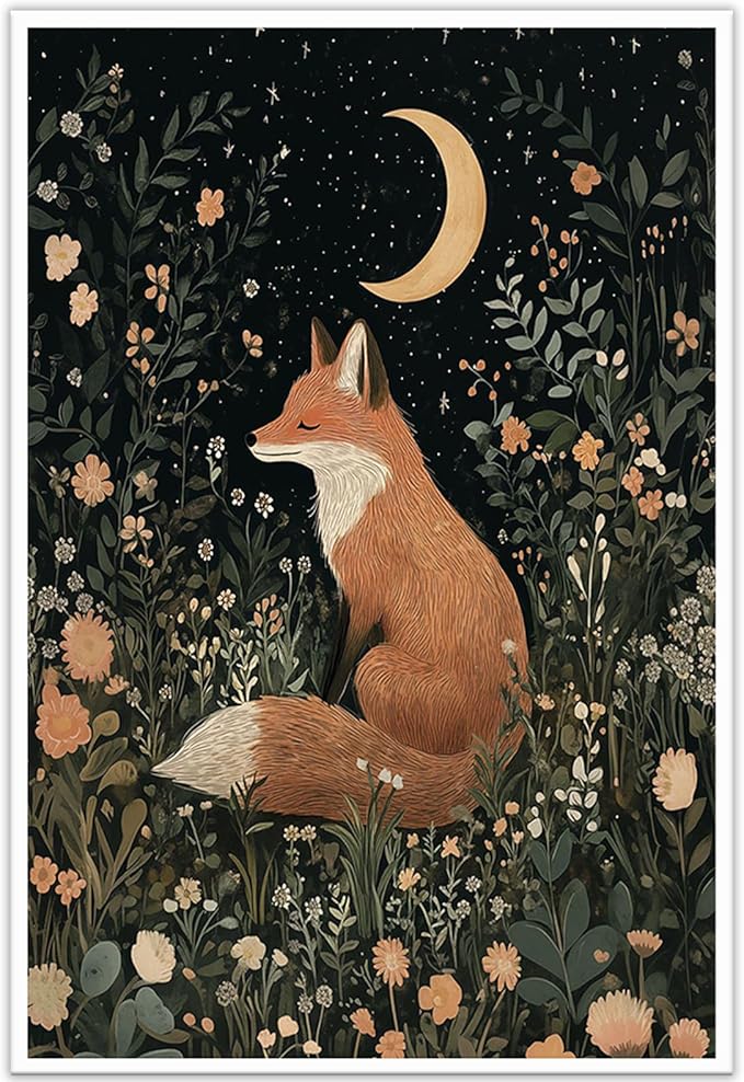 Fairytale Dreamy Fox Wall Art Vintage Moonlit Forest Floral Plant Night Canvas Poster Print Whimsical Nature Aesthetic Picture Decor for Nursery Living Room Bedroom Office 20x30inch Unframed