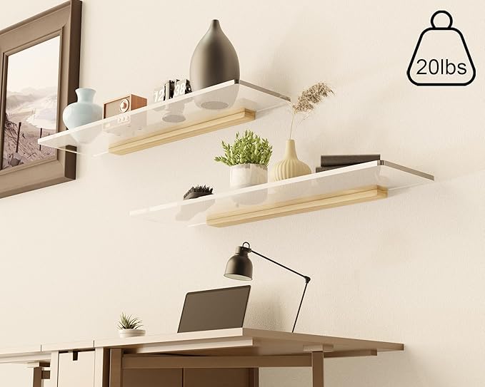 Acrylic Floating Shelves with Solid Wood Base, Wall Mounted Shelf for Plants, Perfume, Nail Polish, Bathroom, Bedroom & Living Room Décor