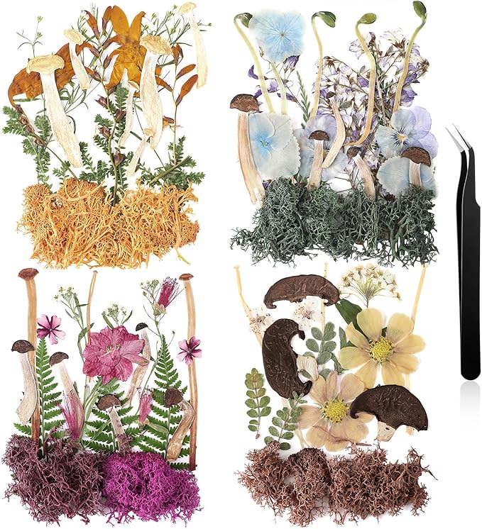 Nuanchu Dried Pressed Flowers Bulk Dried Mushrooms for Crafts Fake Mushrooms Natural Pressed Wildflowers Leave with Tweezer for Resin Mold Scrapbooking Nail Soap Making DIY Christmas Crafts Supplies