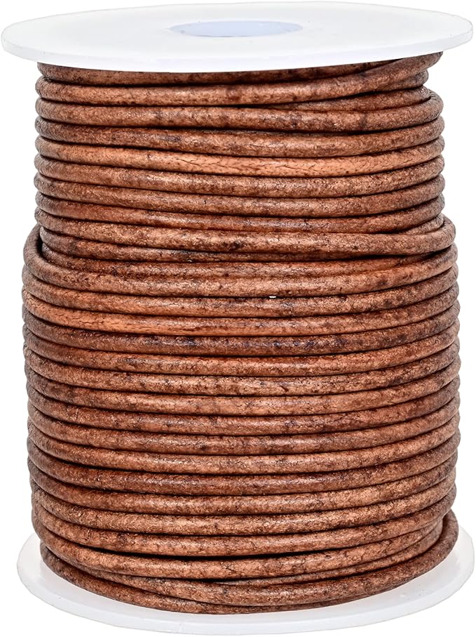 GENIQUE Real/Genuine Round Leather String Cord for Necklace, Bracelets, Jewellery, Braiding (2mm, Saddle Brown Distressed)