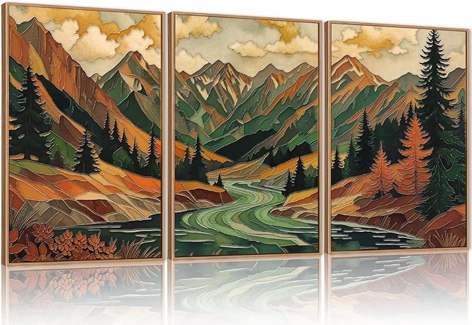 HPINUB Abstract Boho Mountain Framed Canvas Wall Art Set,Vibrant Forest Pine Tree Wall Decor,Textured Landscape Artwork Rustic Linear Scenery Art Print for Living Room,Bedroom,Office-16 x24 x3