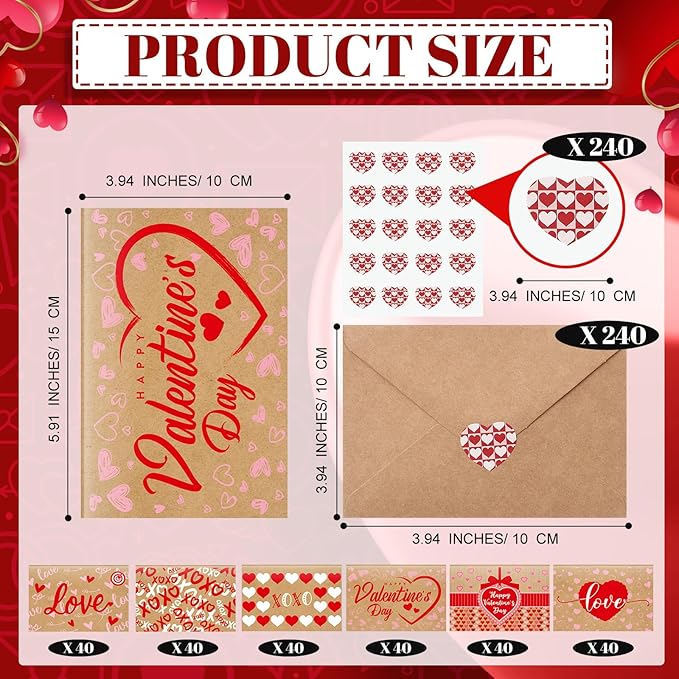 240 Sets Valentine's Day Cards with Envelopes Stickers Bulk Assortment Foldable Love Heart Greeting Cards Red Pink Envelopes for Valentine's Day Anniversary Wedding(Classic)