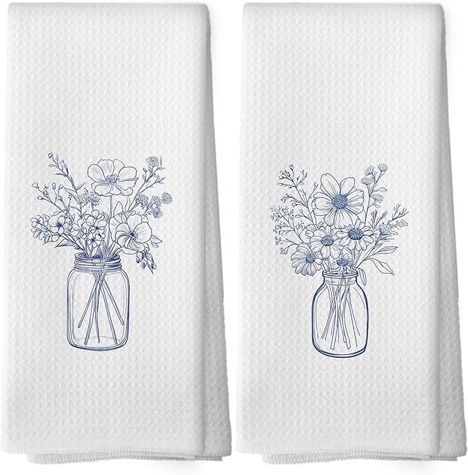 Bohemian Bouquet Kitchen Dish Towels Set of 2, Minimalist Botanical Still Life Decor for Bathroom, Modern Aesthetic Fine Line Floral Hand Towels Kitchen Tea Towels Decorations, 16x24inch