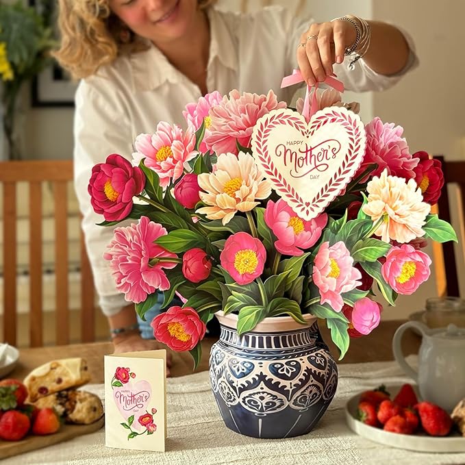 Freshcut Paper Pop Up Cards, Mother's Day Card, Grande Peony Paradise, Happy Mother's Day, 18 Inch Life Sized Forever Flower Bouquet 3D Popup Greeting Card, Gifts for Mom, Blank Notecard & Envelope