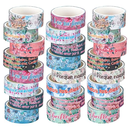 Janlaugh 24 Rolls Christian Washi Tape Gifts Bulk Religious Inspirational Scripture Supplies Bible Verse Tape for Bible Study Journaling Crafting Christmas Stocking Stuffers Gift(Spanish)