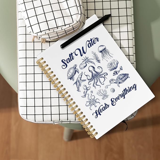 Coastal Beach Notebook, Inspirational Salt Water Heals Everything Ocean Marine Journal Notebooks, Ocean Themed Gifts, Beachy Office School Supplies Hardcover Spiral Notebook 5.5x8.3 Inch