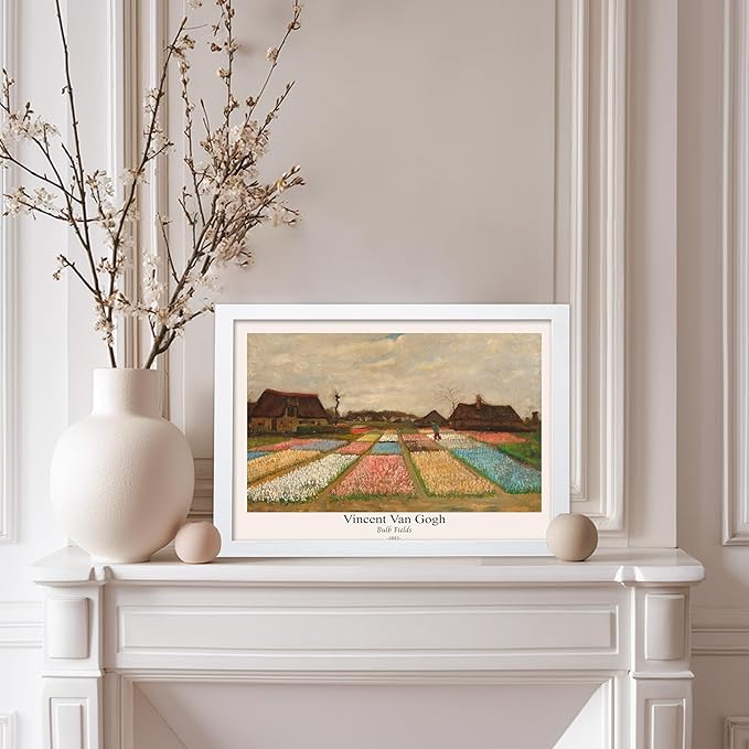 Monem Art Vintage Van Gogh Poster - Retro Bulb Fields Print - Flower Beds in Holland Art - Impressionism Art - Fine Art - Classic Painting Art - Great Bedroom Wall Decor - 11x14 White Framed