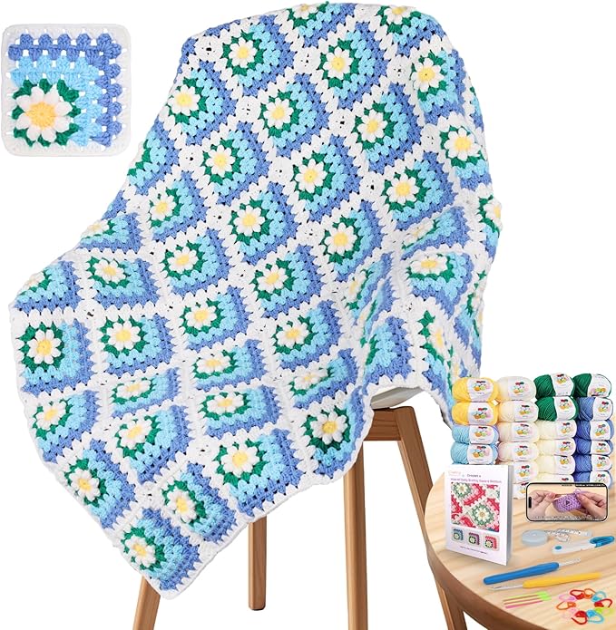 Coopay 3D Blanket Crochet Kit for Beginners, All-in-One Granny Square Blanket Kit with Step-by-Step Video & Enough Yarns - Master 3D Granny Square Crocheting Easily, Ideal Gift for Craft Lovers (Blue)