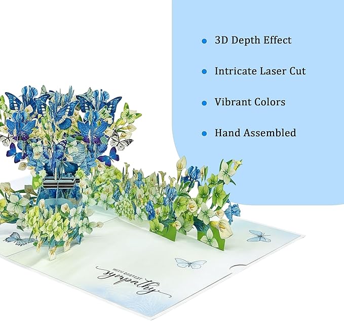 Sympathy 3D Pop-Up Card Hydrangea Flowers and Butterflies, Handmade Paper Condolence Card with Notecard and Envelope, Large Pop Up Greeting Card for Loss of Loved One, Mother, Father, Friend