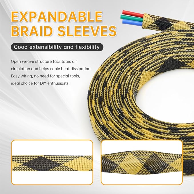 Braided Wire Loom Sleeve - Pet Proof Chew Resistant Cable Wrap, High Density Expandable Cable Sleeving for Automotive Wire Harness & PC Computer Case 16.4ft (Black Yellow, 8mm (5/16"))