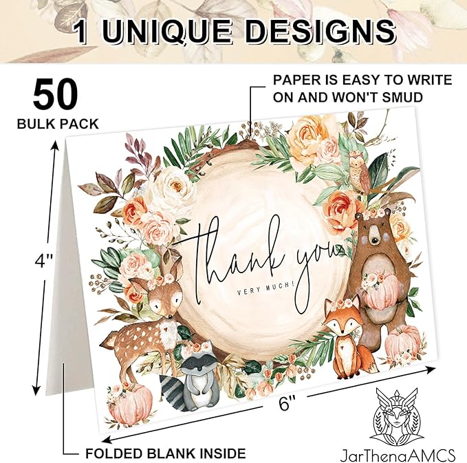 JarThenaAMCS 50 Pack Fall Woodland Thank You Cards Boxed Forest Animal Floral Pumpkin Greeting Cards with Envelopes Stickers Autumn Blank Note Card for Birthday Baby Shower, 4 x 6 Inch