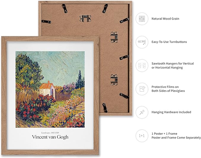 Monem Art Vintage Van Gogh Poster - Retro Impressionist Print - Flower Garden, Cottage, Sky, Colorful, Landscape - Gift for Artist, Friend - Wall Decor for Home, Office, 11x14 Beige Framed