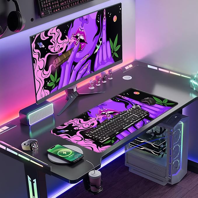 Anime Neon Mouse Pad Cool Girl-31.5x15.7in-Funny Hippie Hippy Desk Mat Trippy Purple Pink Black Art -Gaming Desktop-Desk Protector-for Women Home Office Working