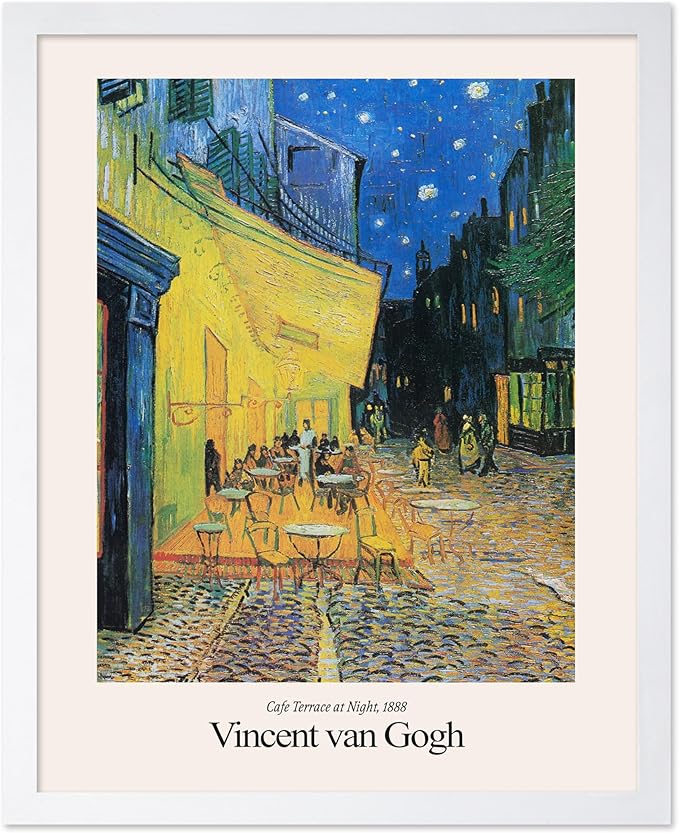 Monem Art Vintage Van Gogh Poster - Retro Impressionist Print - Cafe Terrace at Night, Arles, Stars, Aesthetic - Gift for Artist, Friend - Wall Decor for Home, Office, 8x10 White Framed