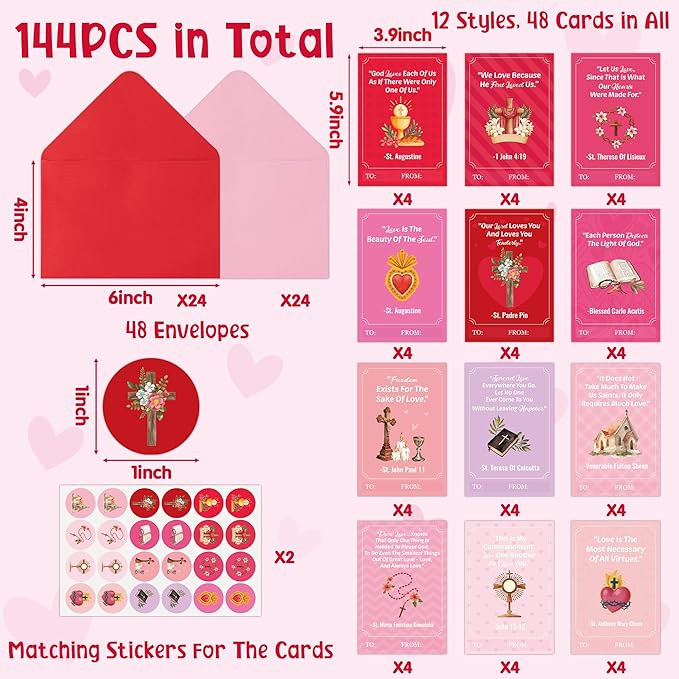 TICIAGA 144pcs Valentine's Day Catholic Church Greeting Cards with Envelop Retro Religious Sticker for Kid Bible Books Notecard Exchange Gifts for Boys and Girls Christian School Classroom Party Favors