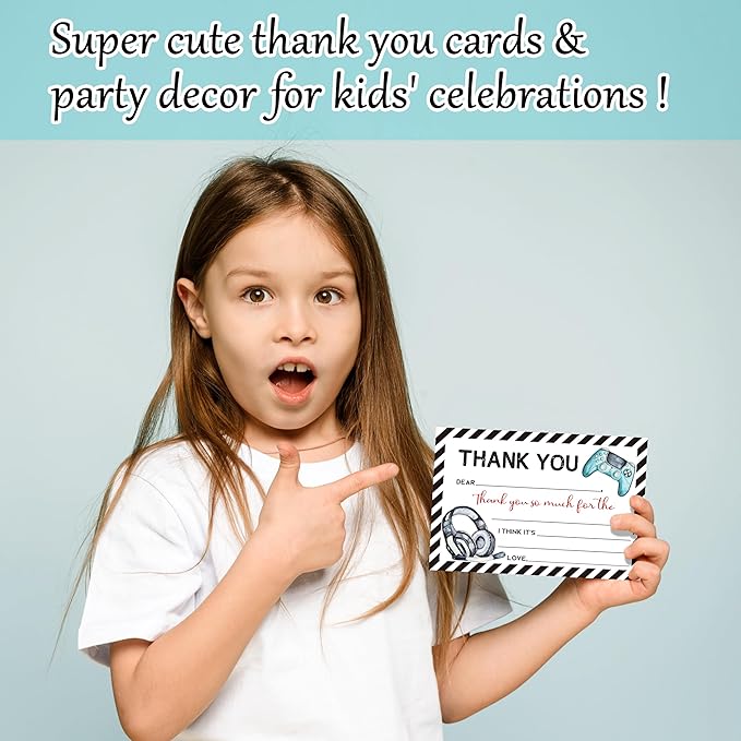 Video Games Kids Thank You Cards, Gamer Thank You Card For Birthday Party, Kids Birthday Cards Fill In The Blank, 20 Pack Greeting Cards With Envelopes For Boys And Girls, 005