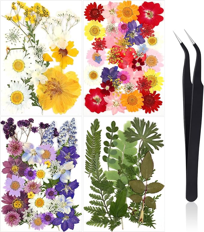 Nuanchu Pressed Flowers Bulk Dried Flower for Crafts Dried Wildflowers Leave Natural with Tweezer for Resin Mold Candles Cake DIY Christmas Craft Card Making Wedding Scrapbooking Supplies