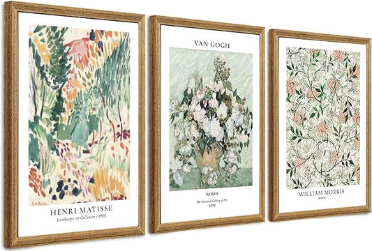 Fantasy Artists Framed Colorful Wall Art Set of 3 Impressionism Henri Matisse Van Gogh William Morris Flower Botanical Abstract Artwork Prints for Living Room Bedroom Bathroom 16" x 24"
