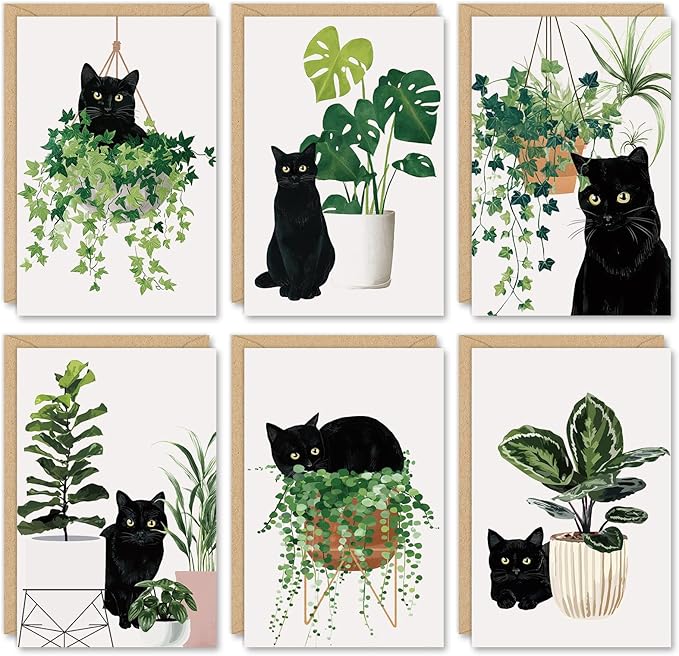 Whaline 36 Pcs Botanical Black Cat Greeting Cards Blank Note Cards 6 style Blank Note Card with Envelope Stickers for Party Invitations, 4 x 6 Inch