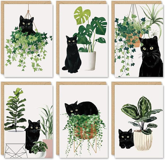 Whaline 36 Pcs Botanical Black Cat Greeting Cards Blank Note Cards 6 style Blank Note Card with Envelope Stickers for Party Invitations, 4 x 6 Inch
