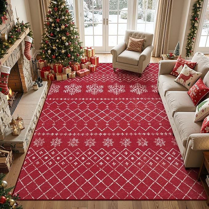 jinchan 8x10 Red Snowflake Christmas Rug Washable Large Area Rug for Living Room Bedroom Non-Slip Soft Carpet Xmas Geometric Floor Mat Winter Lattice Holiday Decor for Dining Room Porch