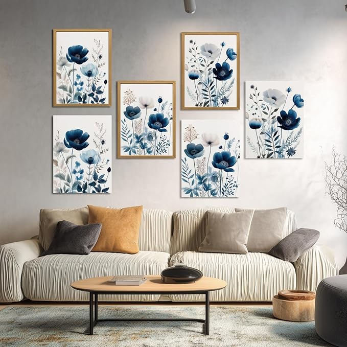 LLEEMPI Framed Navy Blue Floral Wall Art Set of 3, Modern Wildflower Wall Decor, Watercolor Botanical Canvas Paintings, Classic Minimalist Poster Prints for Bedroom Bathroom Office 12x16 Inch